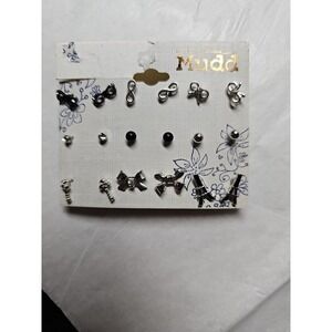 Mudd Earrings 6 Pair Silver-tone & Black Studs Glasses Key Bow Eiffel Infinity